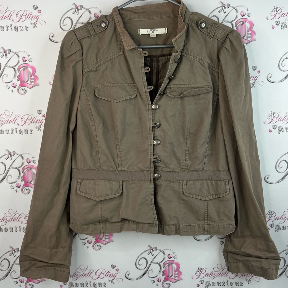 LOFT Ann Taylor blazer military style button up silver Utility Jacket in Brown